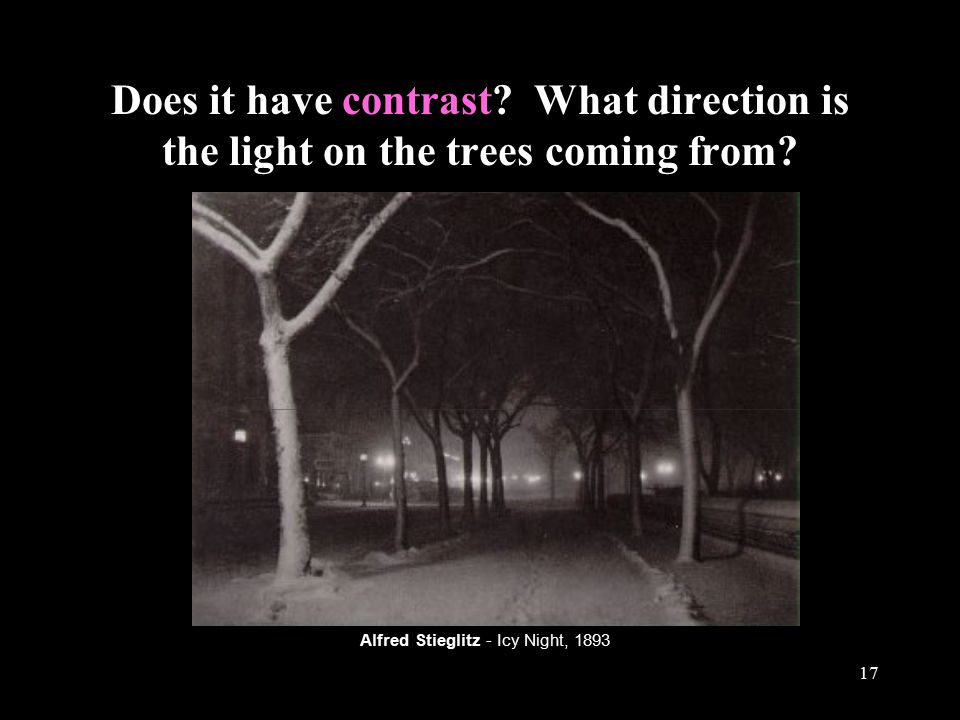 17 Does it have contrast. What direction is the light on the trees coming from.
