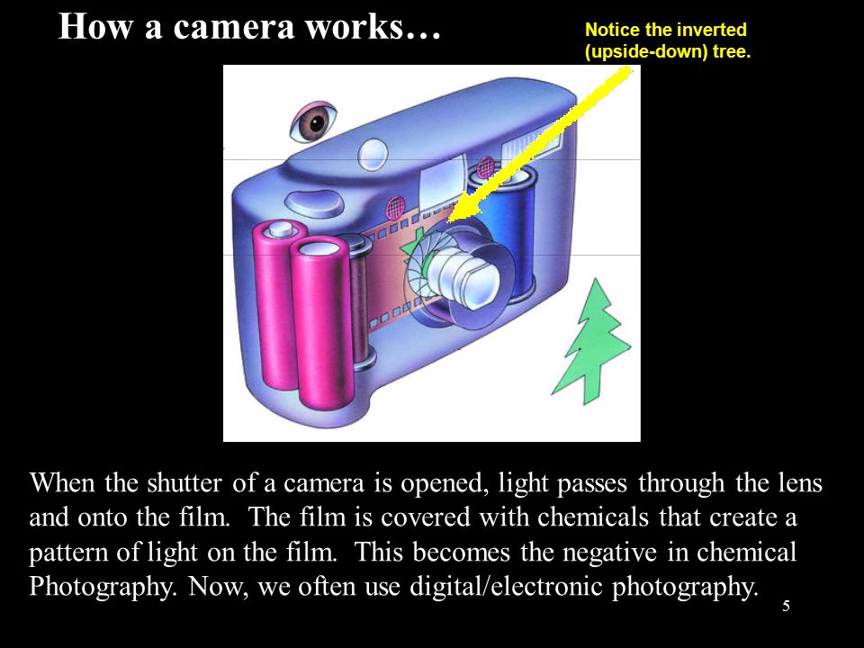5 How a camera works… When the shutter of a camera is opened, light passes through the lens and onto the film.