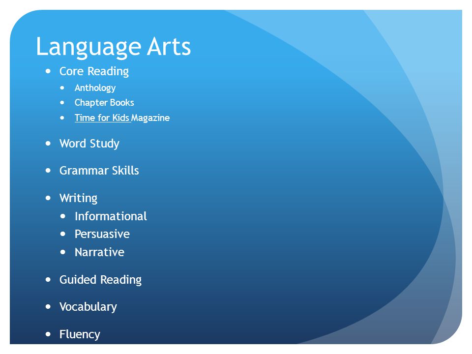 Language Arts Core Reading Anthology Chapter Books Time for Kids Magazine Word Study Grammar Skills Writing Informational Persuasive Narrative Guided Reading Vocabulary Fluency