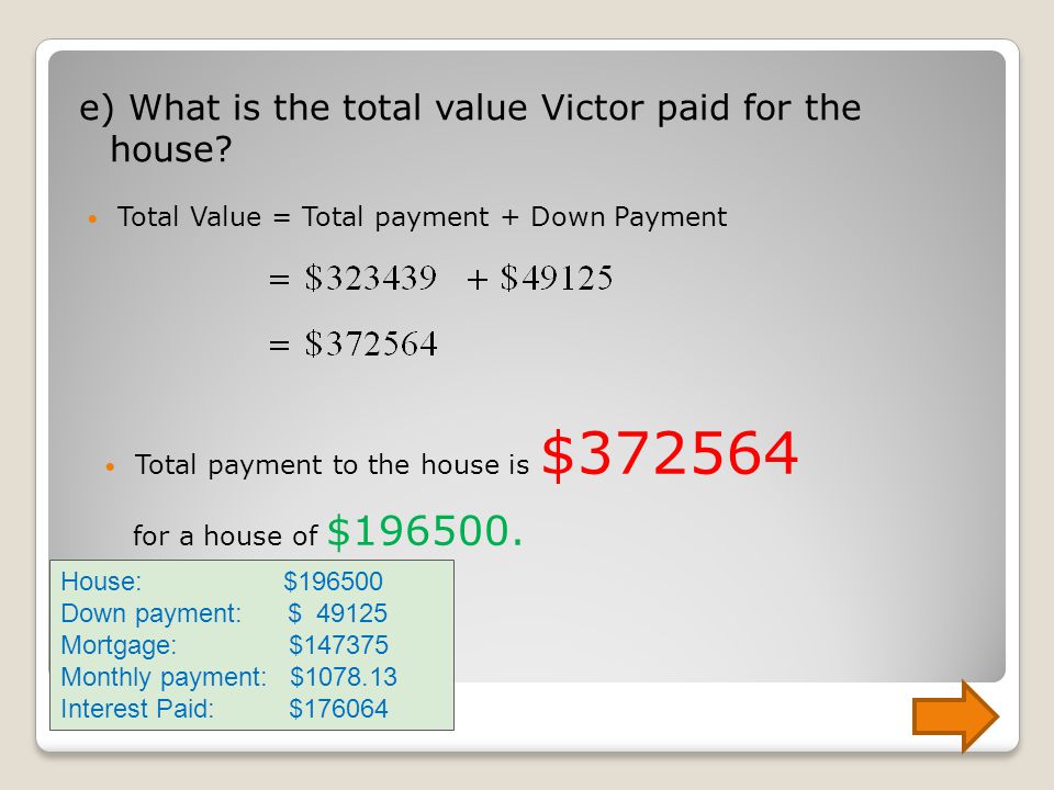 e) What is the total value Victor paid for the house.