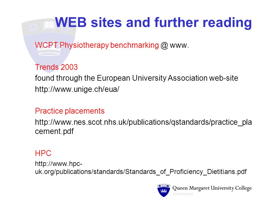 WEB sites and further reading WCPT Physiotherapy www.