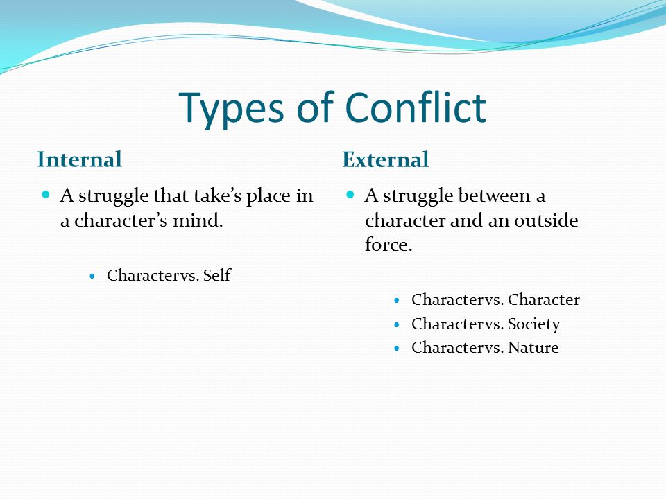 Types of Conflict Internal External A struggle that take’s place in a character’s mind.