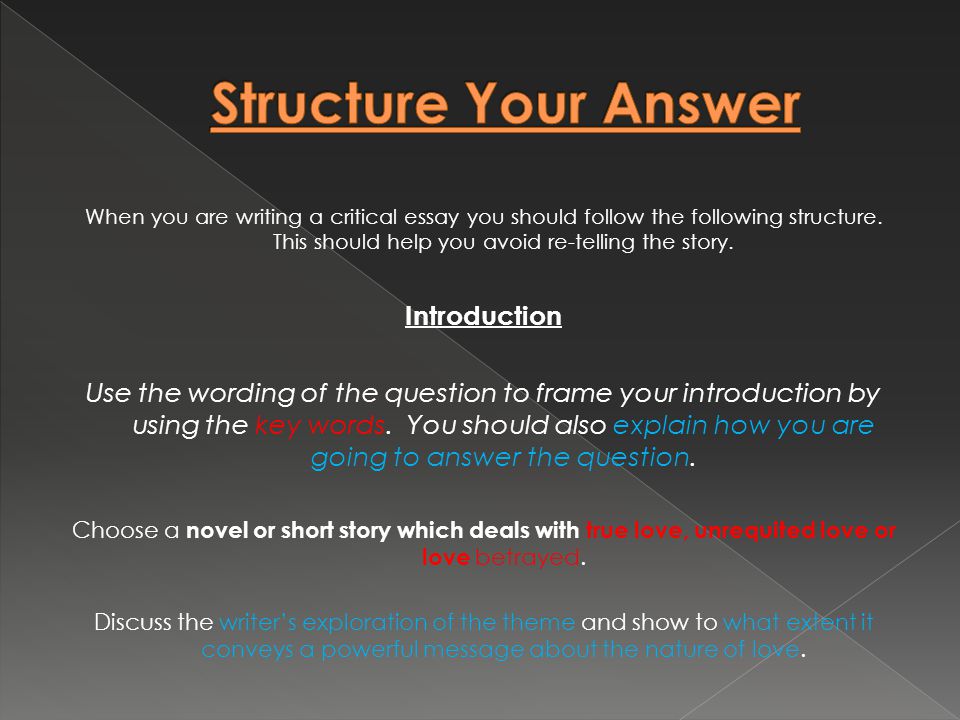 When you are writing a critical essay you should follow the following structure.