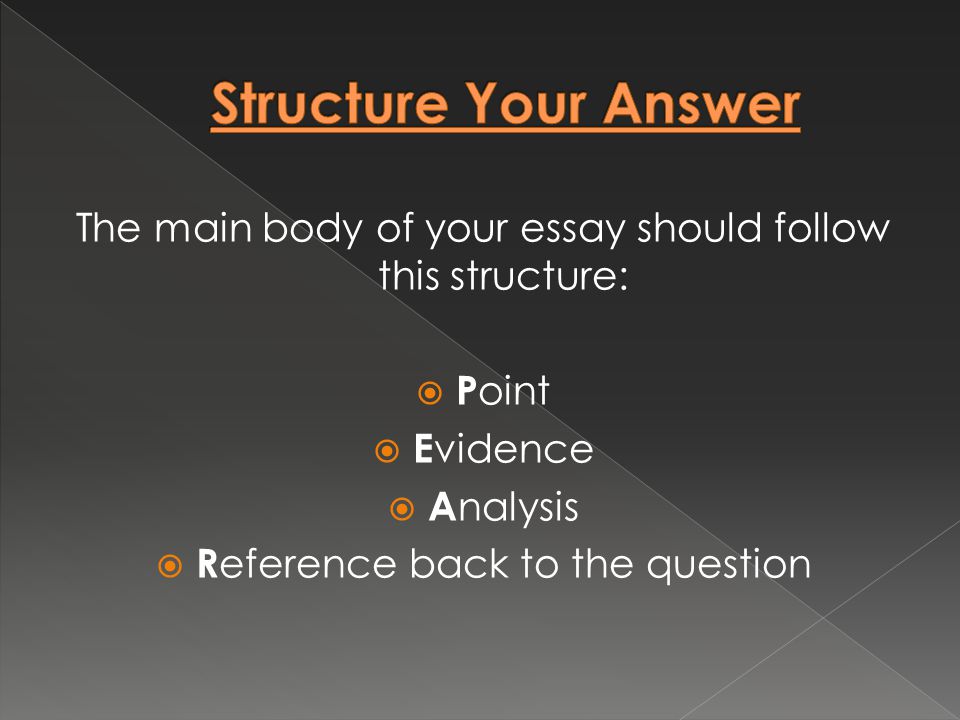 The main body of your essay should follow this structure:  P oint  E vidence  A nalysis  R eference back to the question