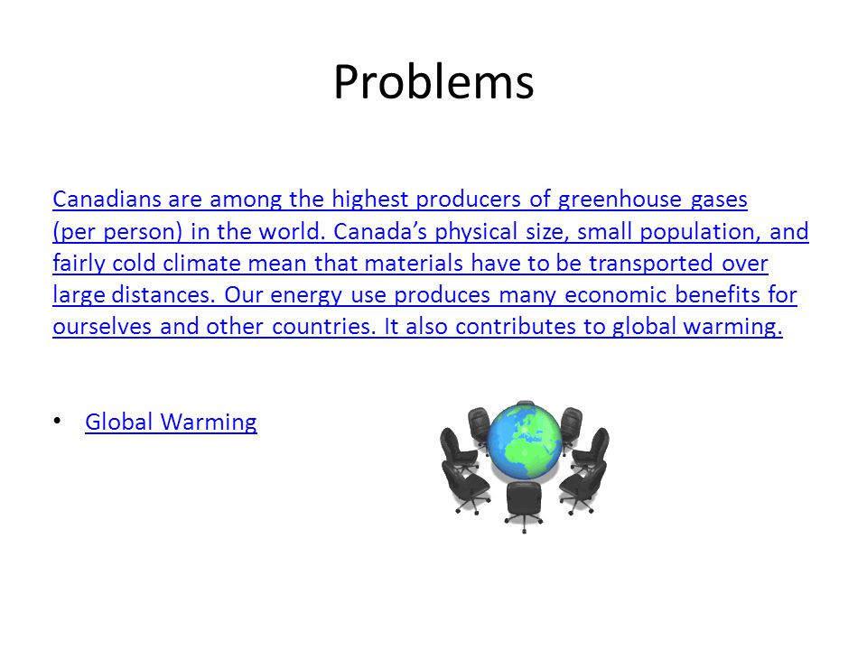 Problems Canadians are among the highest producers of greenhouse gases (per person) in the world.