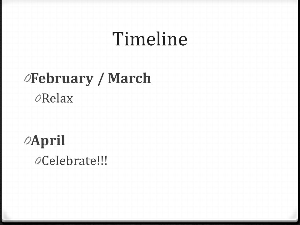 Timeline 0 February / March 0 Relax 0 April 0 Celebrate!!!