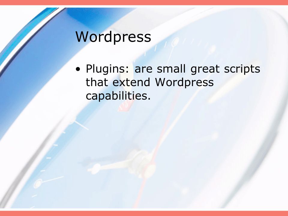Wordpress Plugins: are small great scripts that extend Wordpress capabilities.