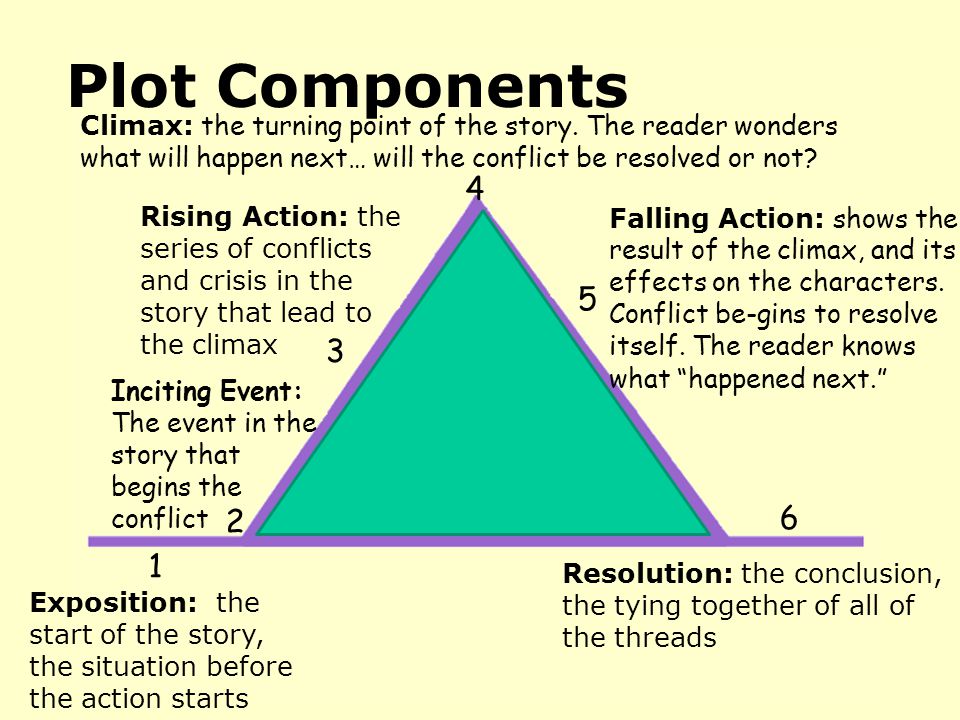 Plot Components Exposition: the start of the story, the situation before the action starts Rising Action: the series of conflicts and crisis in the story that lead to the climax Climax: the turning point of the story.