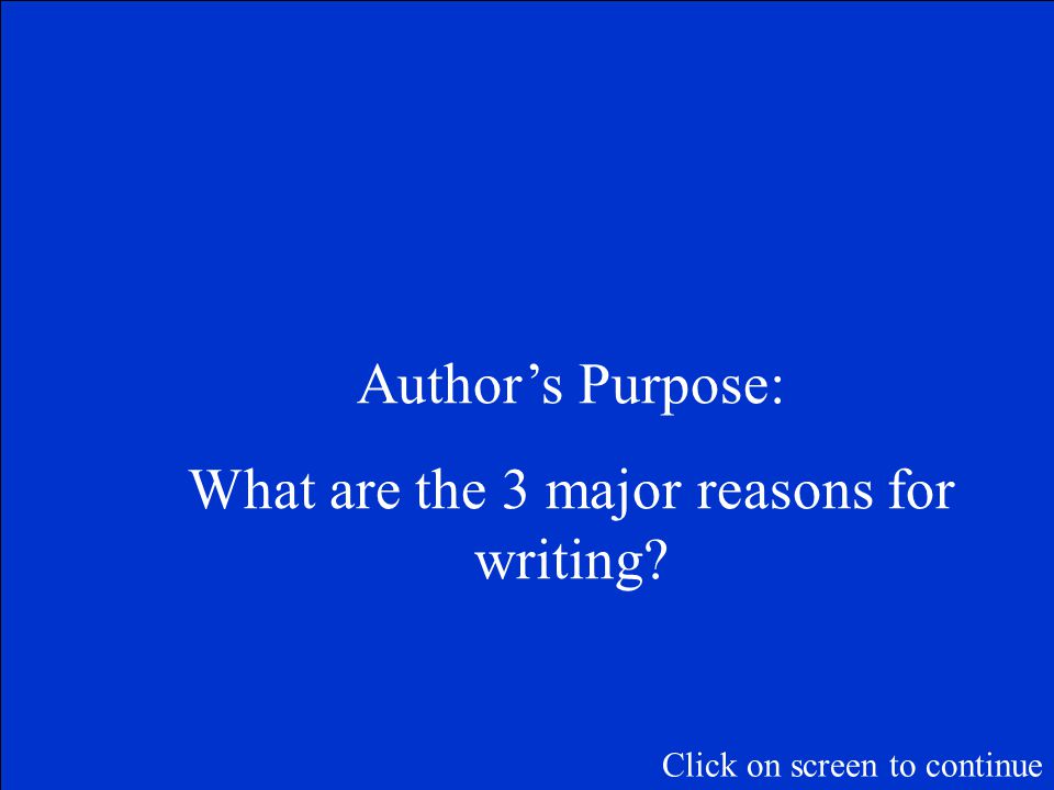The Final Jeopardy Category is: Author’s Purpose Please record your wager. Click on screen to begin