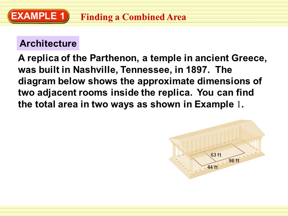 EXAMPLE 1 Finding a Combined Area A replica of the Parthenon, a temple in ancient Greece, was built in Nashville, Tennessee, in 1897.