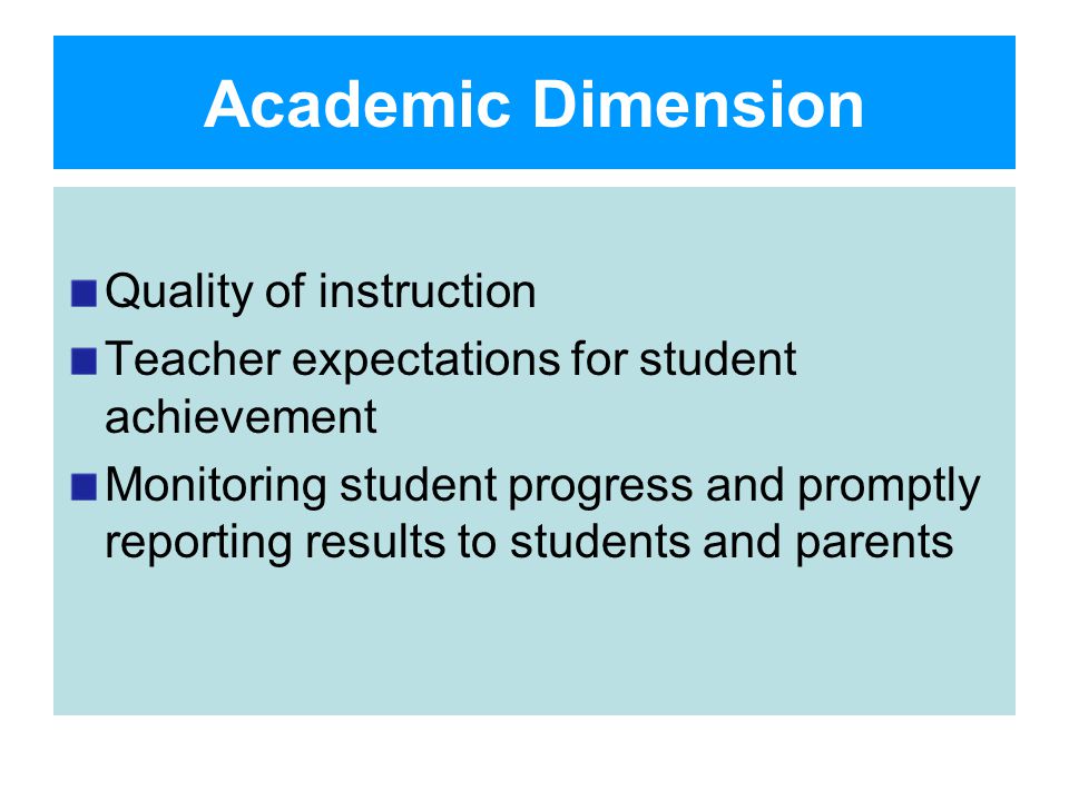 Academic Dimension Quality of instruction Teacher expectations for student achievement Monitoring student progress and promptly reporting results to students and parents