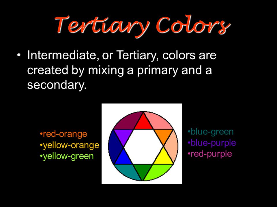 Secondary Colors By mixing two primary colors, a secondary color is created.