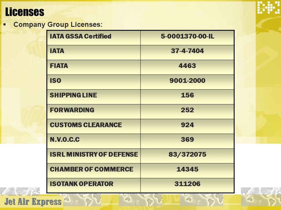 Licenses  Company Group Licenses: IATA GSSA Certified IL IATA FIATA4463 ISO SHIPPING LINE156 FORWARDING252 CUSTOMS CLEARANCE924 N.V.O.C.C369 ISRL MINISTRY OF DEFENSE83/ CHAMBER OF COMMERCE14345 ISOTANK OPERATOR311206