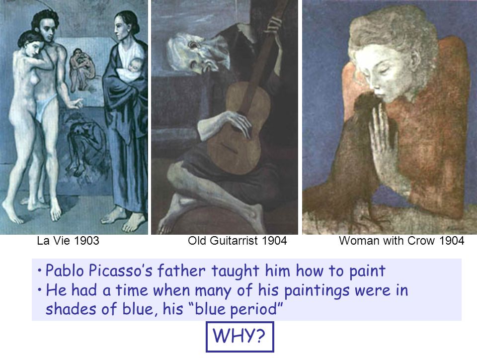 Pablo Picasso’s father taught him how to paint He had a time when many of his paintings were in shades of blue, his blue period WHY.