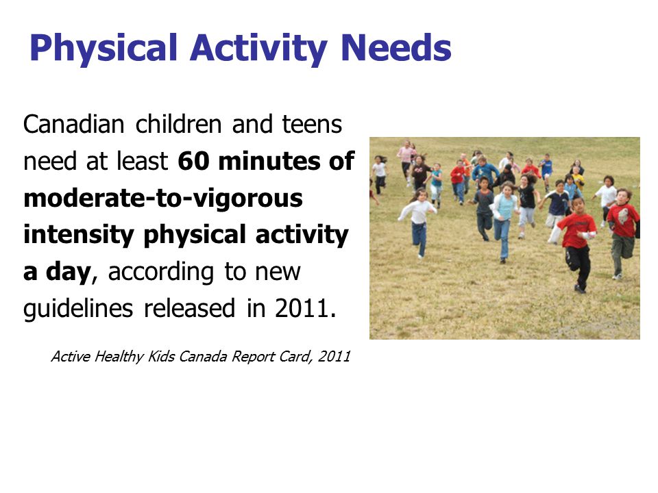 Physical Activity Needs Canadian children and teens need at least 60 minutes of moderate-to-vigorous intensity physical activity a day, according to new guidelines released in 2011.