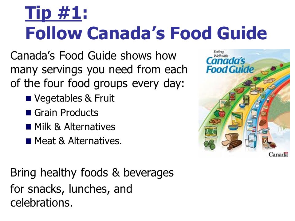 Tip #1: Follow Canada’s Food Guide Canada’s Food Guide shows how many servings you need from each of the four food groups every day: Vegetables & Fruit Grain Products Milk & Alternatives Meat & Alternatives.