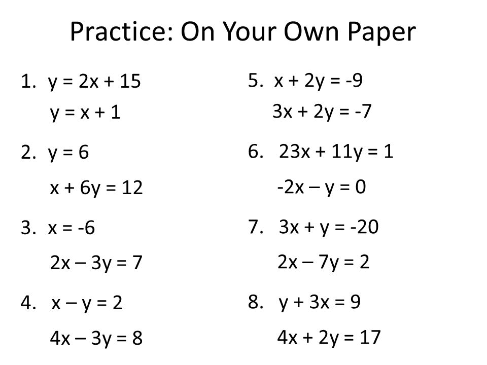 Practice: On Your Own Paper 1.y = 2x + 15 y = x y = 6 x + 6y = 12 3.x = -6 2x – 3y = 7 4.