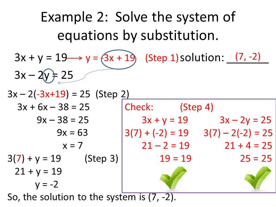 3x + y = 19solution: _______ 3x – 2y = 25 Example 2: Solve the system of equations by substitution.