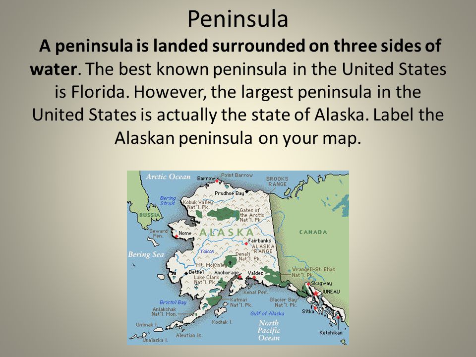 peninsula a peninsula is landed surrounded on three sides of water the best known peninsula in the united states is florida peninsula a peninsula is landed surrounded on three sides of water the best known peninsula in the united states is florida