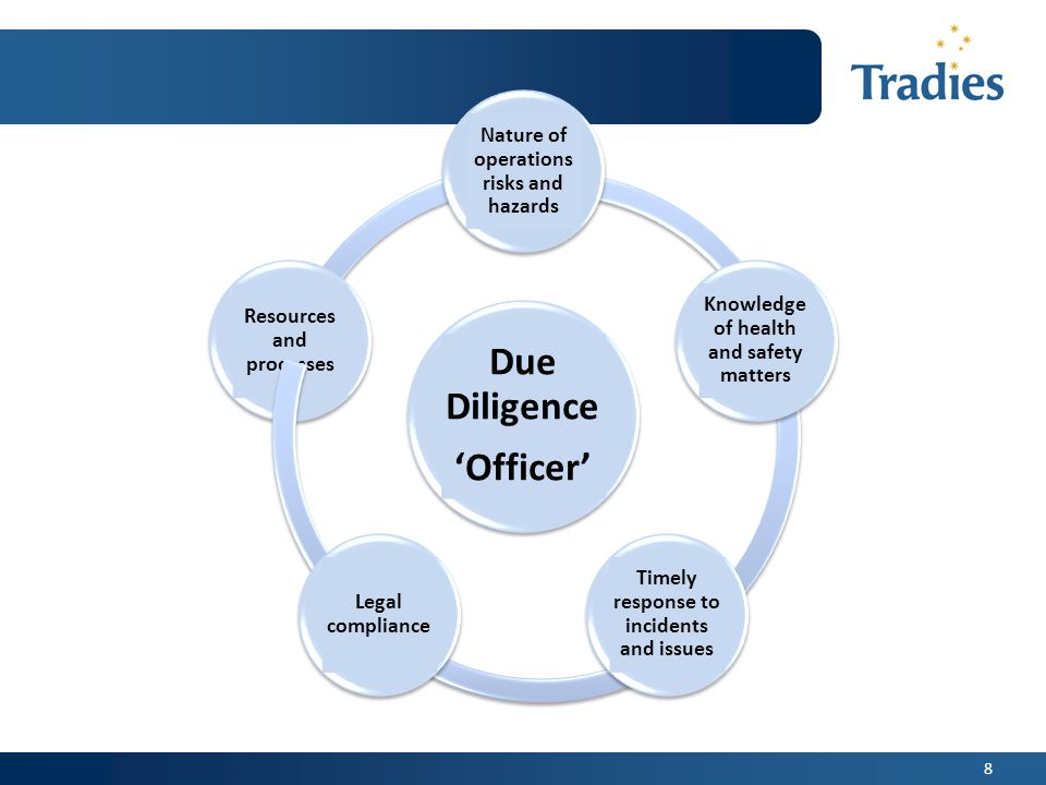 8 Due Diligence ‘Officer’ Resources and processes Knowledge of health and safety matters Timely response to incidents and issues Legal compliance Nature of operations risks and hazards