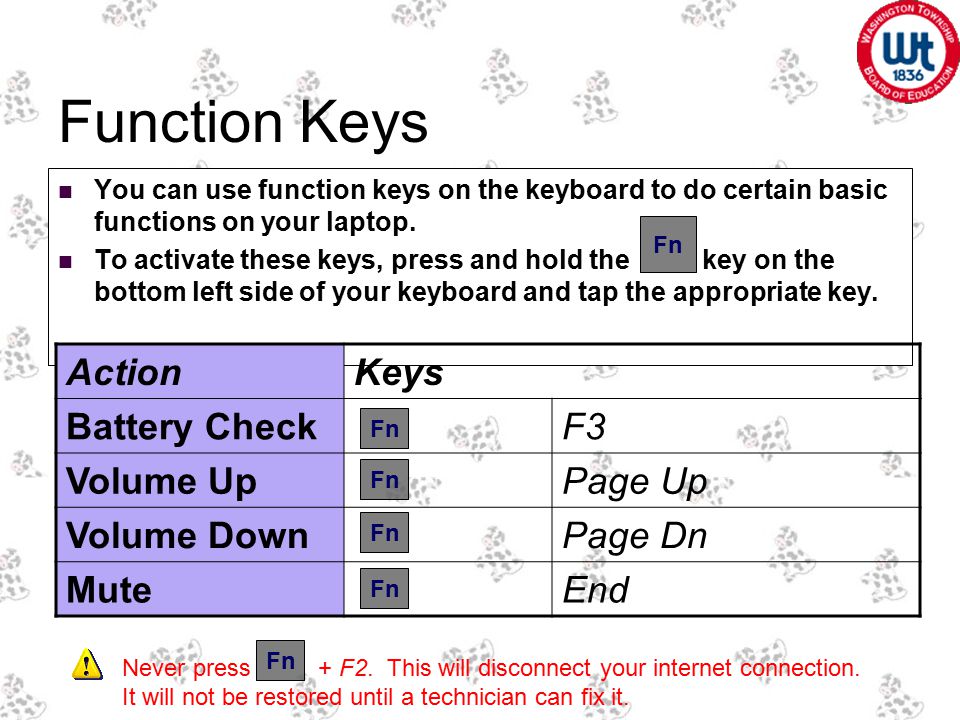 Function Keys You can use function keys on the keyboard to do certain basic functions on your laptop.