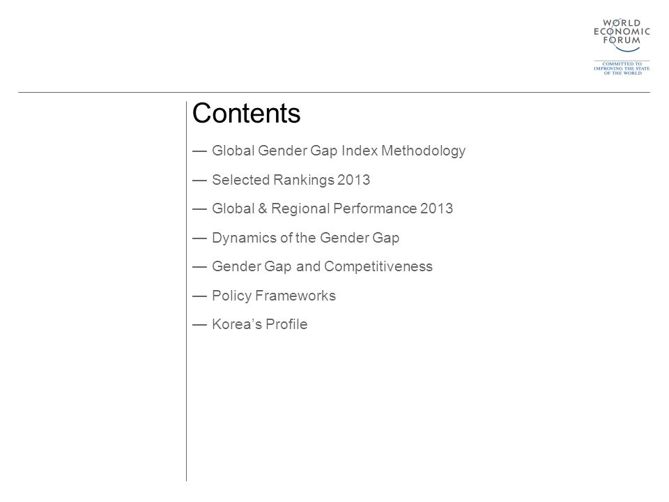 Contents —Global Gender Gap Index Methodology —Selected Rankings 2013 —Global & Regional Performance 2013 —Dynamics of the Gender Gap —Gender Gap and Competitiveness —Policy Frameworks —Korea’s Profile