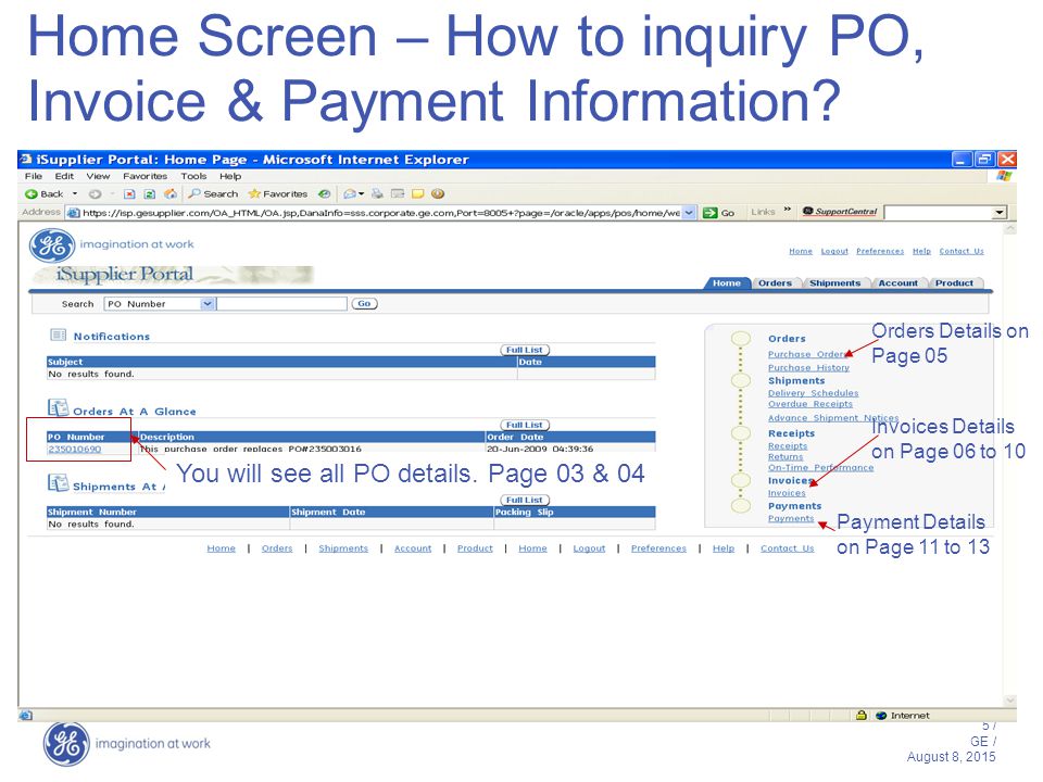 5 / GE / August 8, 2015 Home Screen – How to inquiry PO, Invoice & Payment Information.