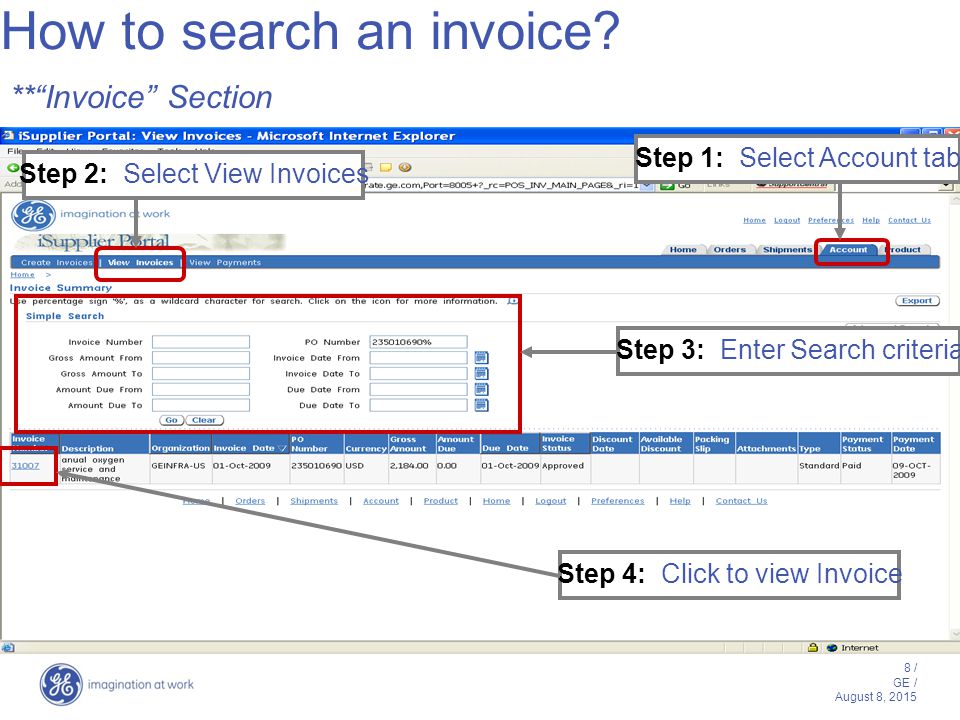8 / GE / August 8, 2015 How to search an invoice.