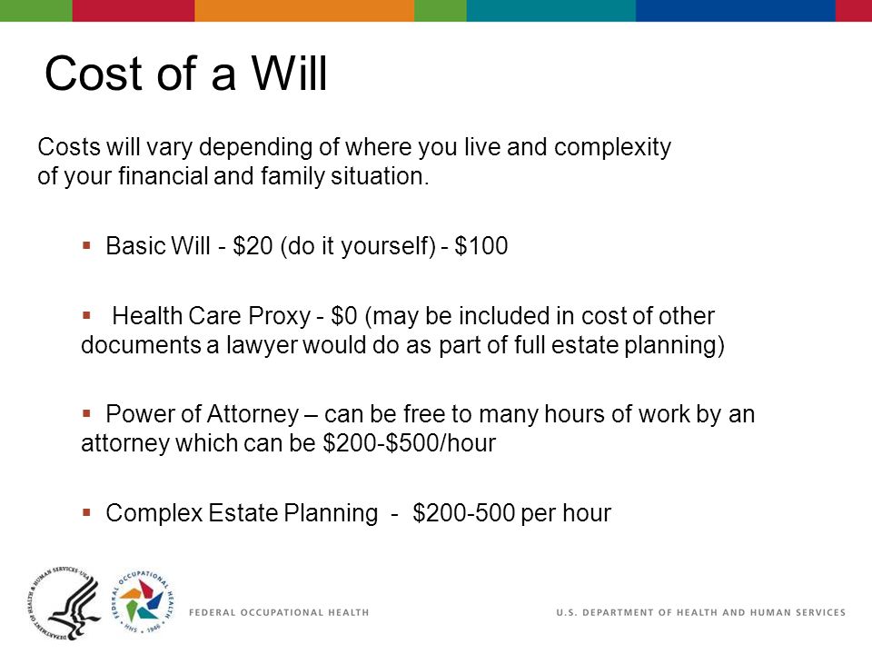 Cost of a Will Costs will vary depending of where you live and complexity of your financial and family situation.