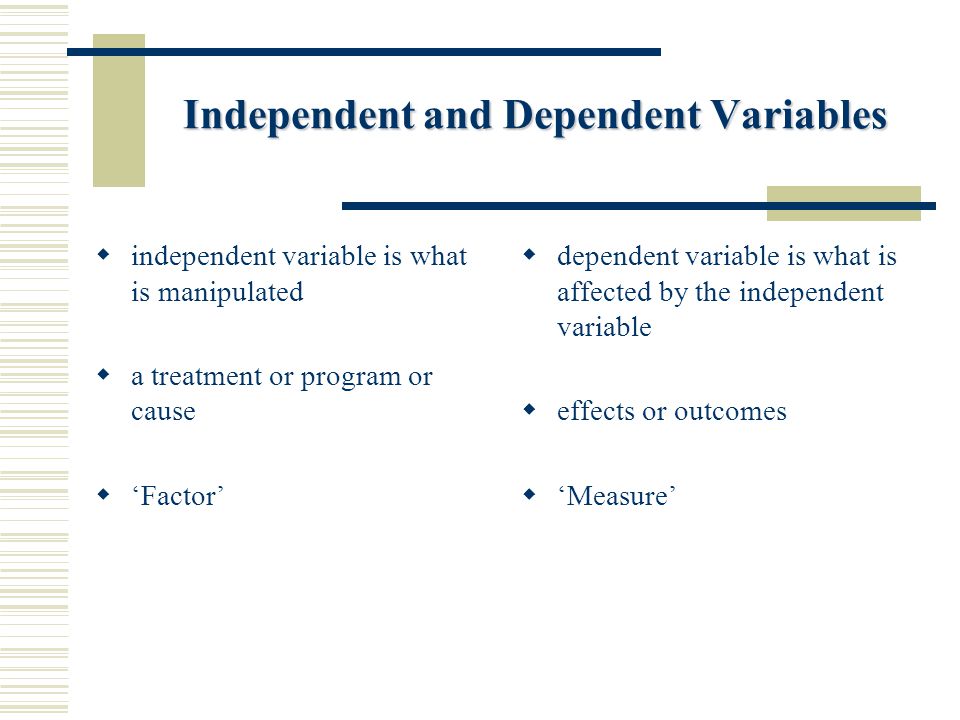 Independent and Dependent Variables  independent variable is what is manipulated  a treatment or program or cause  ‘Factor’  dependent variable is what is affected by the independent variable  effects or outcomes  ‘Measure’