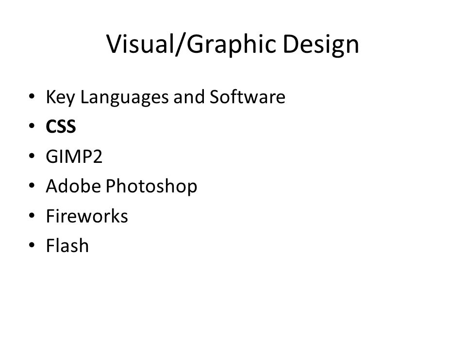 Key Languages and Software CSS GIMP2 Adobe Photoshop Fireworks Flash
