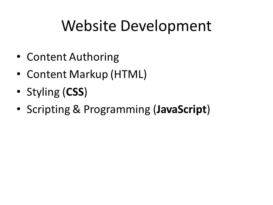 Website Development Content Authoring Content Markup (HTML) Styling (CSS) Scripting & Programming (JavaScript)