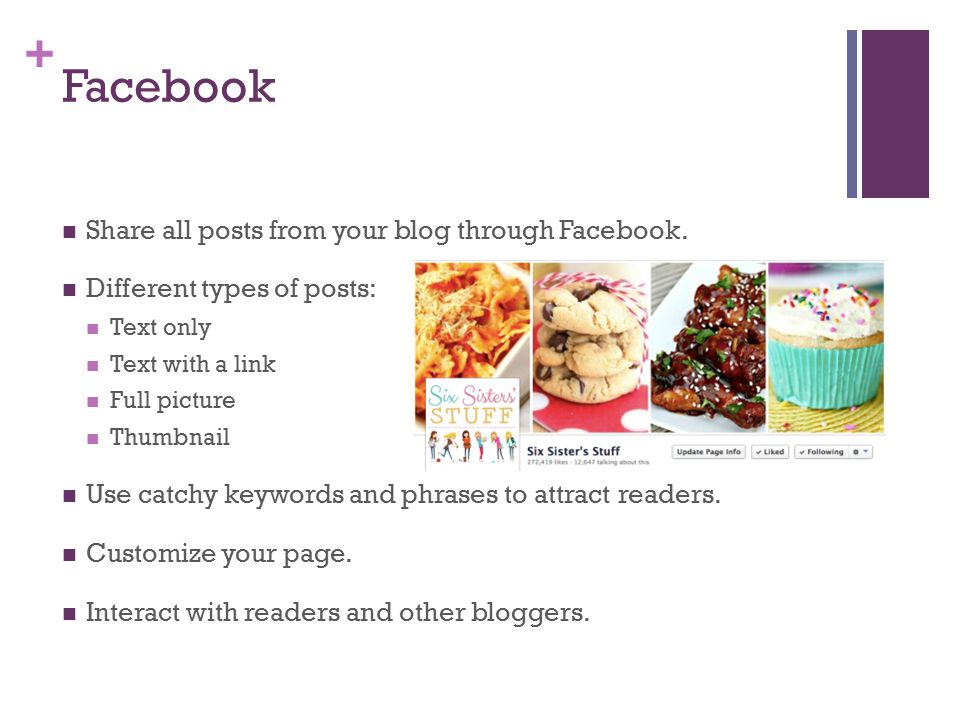 + Facebook Share all posts from your blog through Facebook.