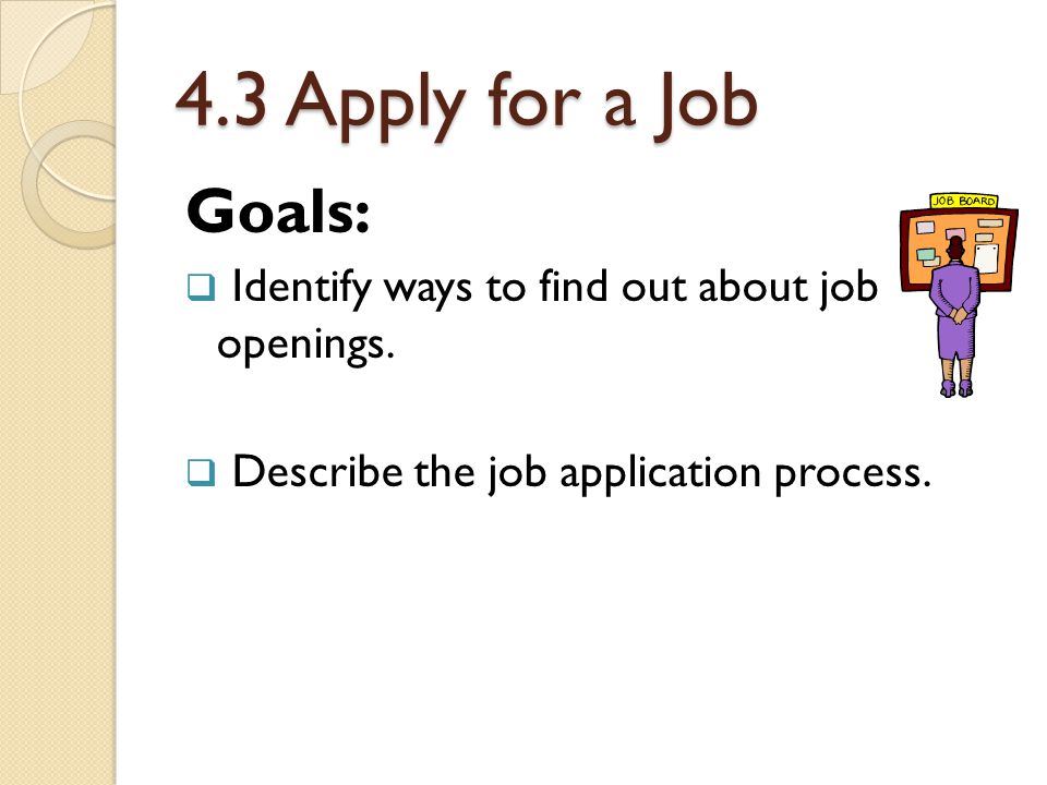 4.3 Apply for a Job Goals:  Identify ways to find out about job openings.