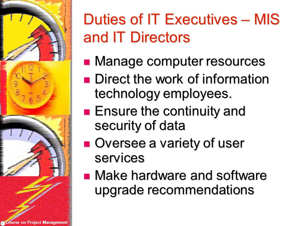 Course on Project Management Duties of IT Executives – MIS and IT Directors Manage computer resources Manage computer resources Direct the work of information technology employees.