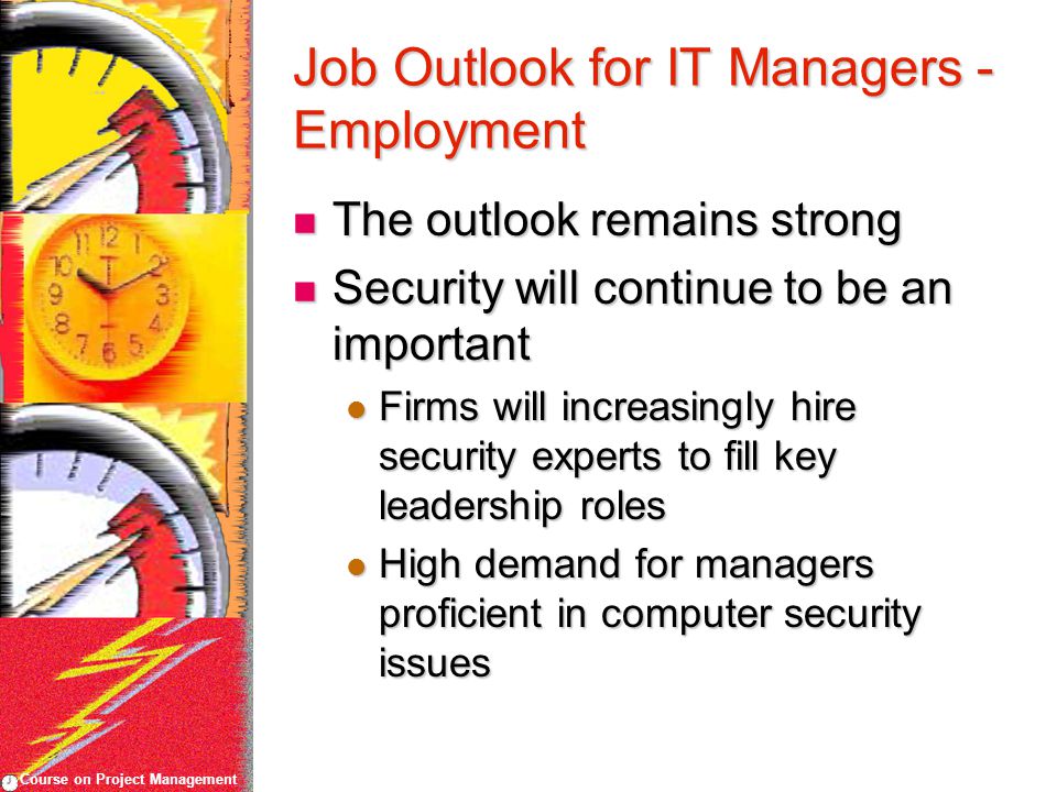 Course on Project Management Job Outlook for IT Managers - Employment The outlook remains strong The outlook remains strong Security will continue to be an important Security will continue to be an important Firms will increasingly hire security experts to fill key leadership roles Firms will increasingly hire security experts to fill key leadership roles High demand for managers proficient in computer security issues High demand for managers proficient in computer security issues