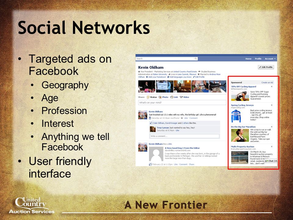 Social Networks Targeted ads on Facebook Geography Age Profession Interest Anything we tell Facebook User friendly interface