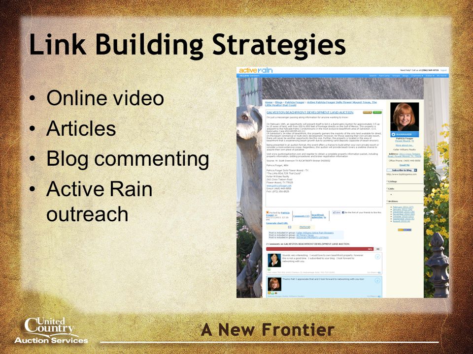 Link Building Strategies Online video Articles Blog commenting Active Rain outreach