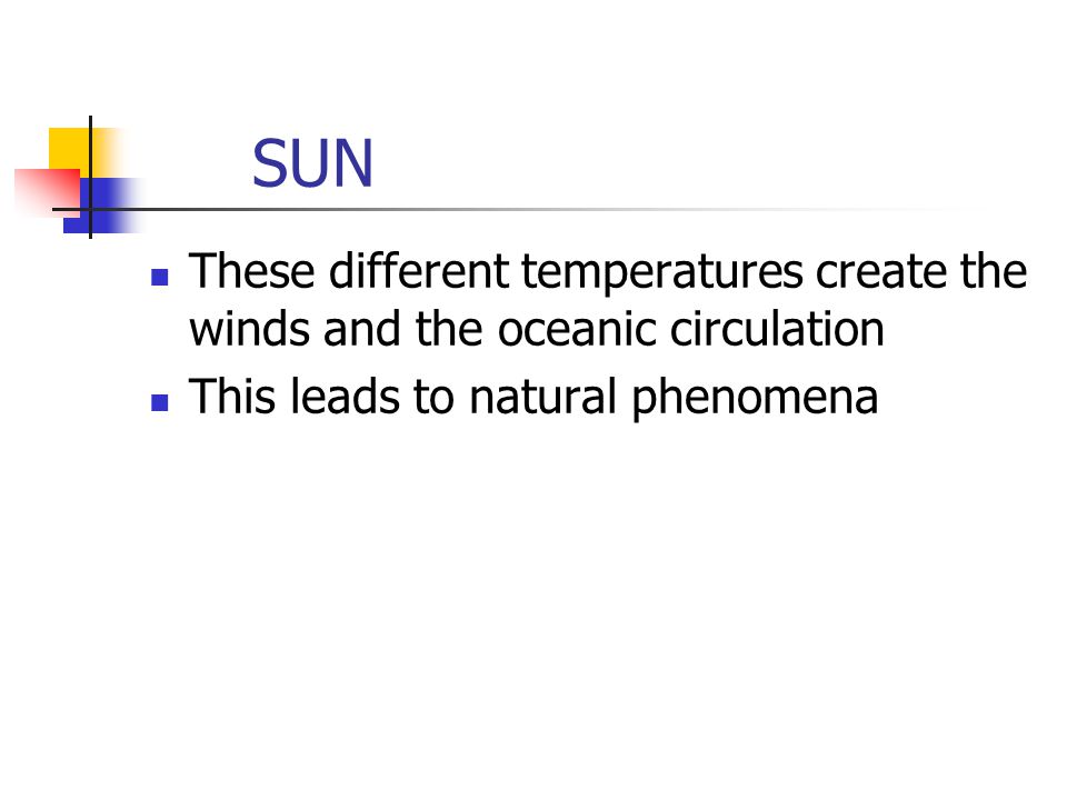 SUN These different temperatures create the winds and the oceanic circulation This leads to natural phenomena