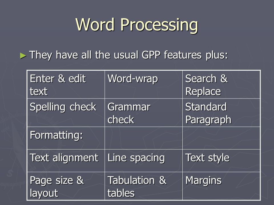 Word Processing ► They have all the usual GPP features plus: Enter & edit text Word-wrap Search & Replace Spelling check Grammar check Standard Paragraph Formatting: Text alignment Line spacing Text style Page size & layout Tabulation & tables Margins