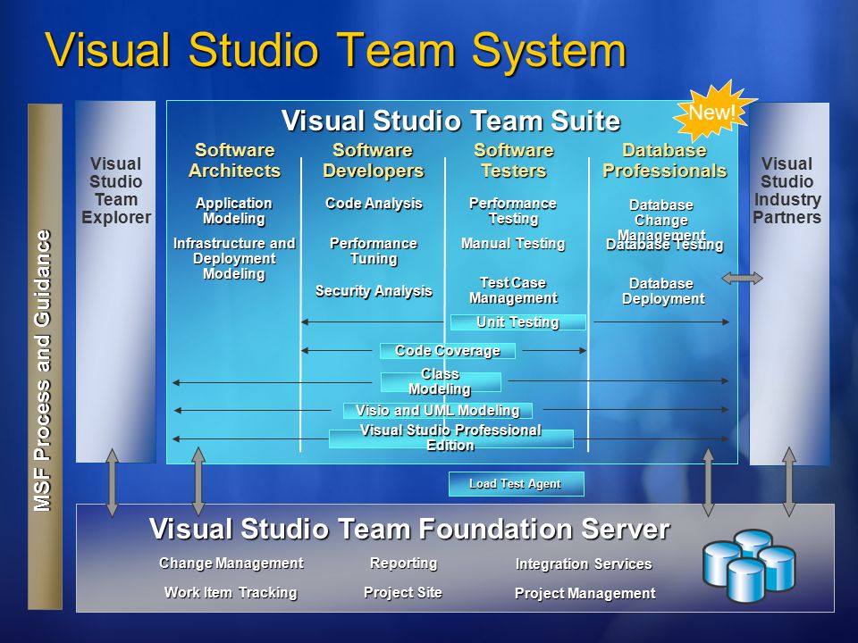 Visual Studio Team System Visual Studio Team Suite MSF Process and Guidance Visual Studio Team Foundation Server Visual Studio Industry Partners Software Architects Software Developers Software Testers Database Professionals Visual Studio Team Explorer Application Modeling Infrastructure and Deployment Modeling Code Analysis Performance Tuning Security Analysis Database Deployment Database Change Management Database Testing Performance Testing Manual Testing Test Case Management Visual Studio Professional Edition Change Management Work Item Tracking Reporting Project Site Integration Services Project Management Load Test Agent Visio and UML Modeling Class Modeling Unit Testing Code Coverage New!