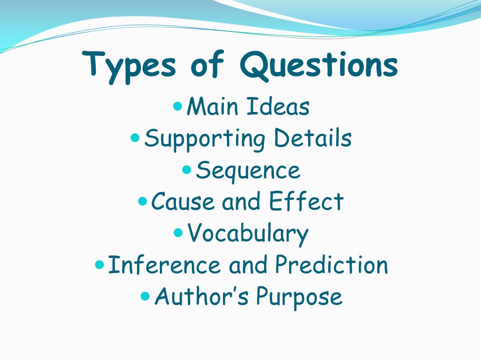 Types of Questions Main Ideas Supporting Details Sequence Cause and Effect Vocabulary Inference and Prediction Author’s Purpose