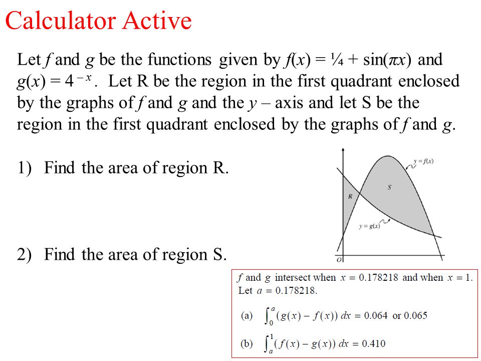Calculator Active Let f and g be the functions given by f(x) = ¼ + sin(πx) and g(x) = 4 – x.