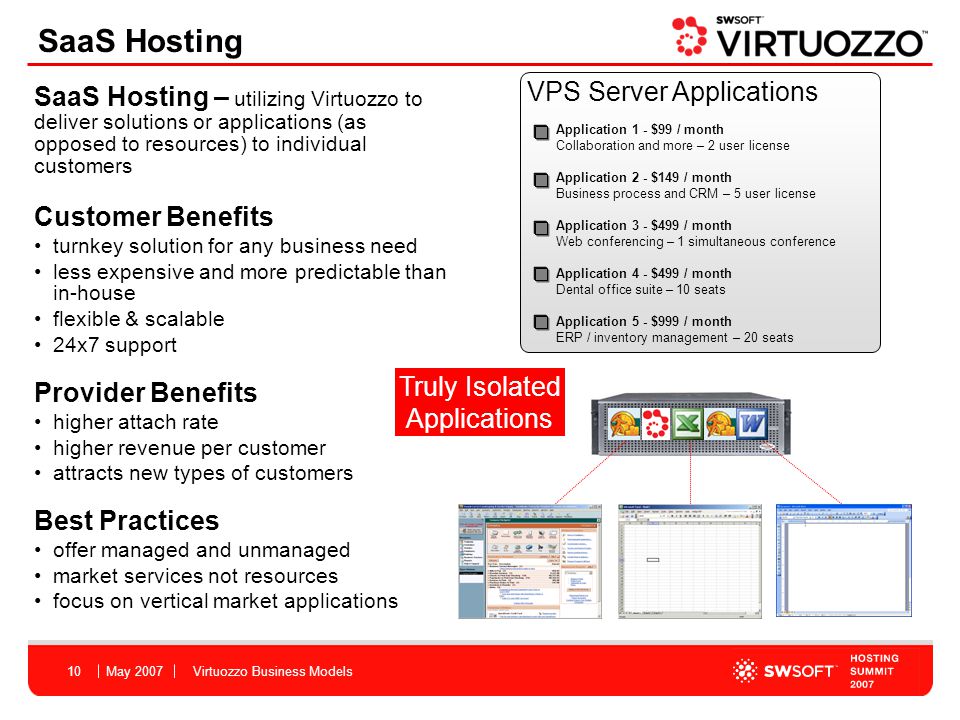 May 2007Virtuozzo Business Models10 SaaS Hosting SaaS Hosting – utilizing Virtuozzo to deliver solutions or applications (as opposed to resources) to individual customers Customer Benefits turnkey solution for any business need less expensive and more predictable than in-house flexible & scalable 24x7 support Provider Benefits higher attach rate higher revenue per customer attracts new types of customers Best Practices offer managed and unmanaged market services not resources focus on vertical market applications Truly Isolated Applications VPS Server Applications Application 1 - $99 / month Collaboration and more – 2 user license Application 2 - $149 / month Business process and CRM – 5 user license Application 3 - $499 / month Web conferencing – 1 simultaneous conference Application 4 - $499 / month Dental office suite – 10 seats Application 5 - $999 / month ERP / inventory management – 20 seats