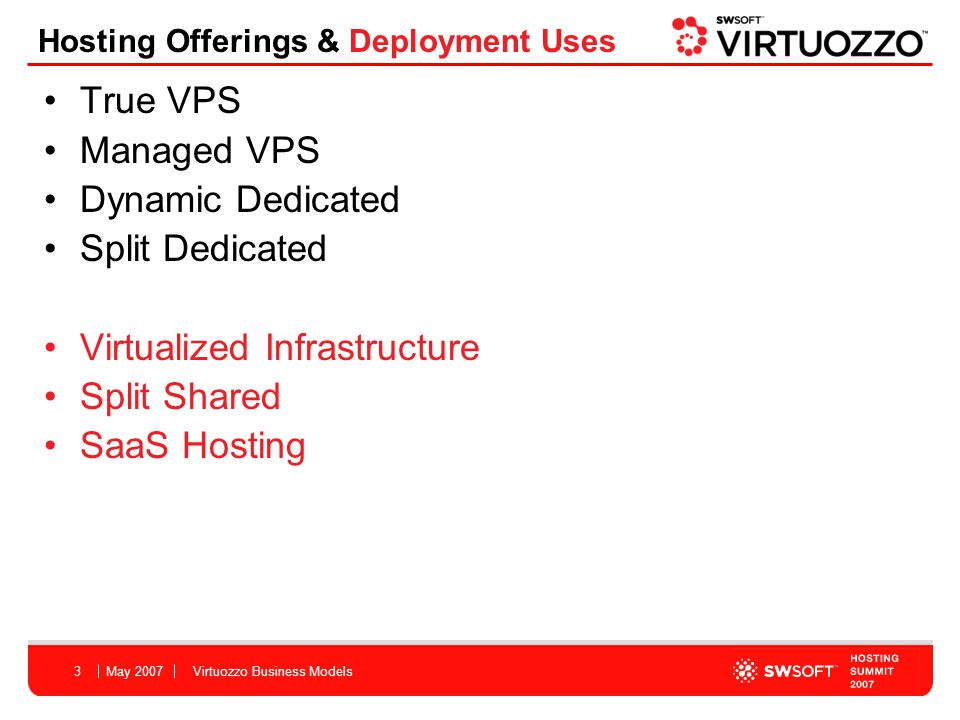 May 2007Virtuozzo Business Models3 Hosting Offerings & Deployment Uses True VPS Managed VPS Dynamic Dedicated Split Dedicated Virtualized Infrastructure Split Shared SaaS Hosting