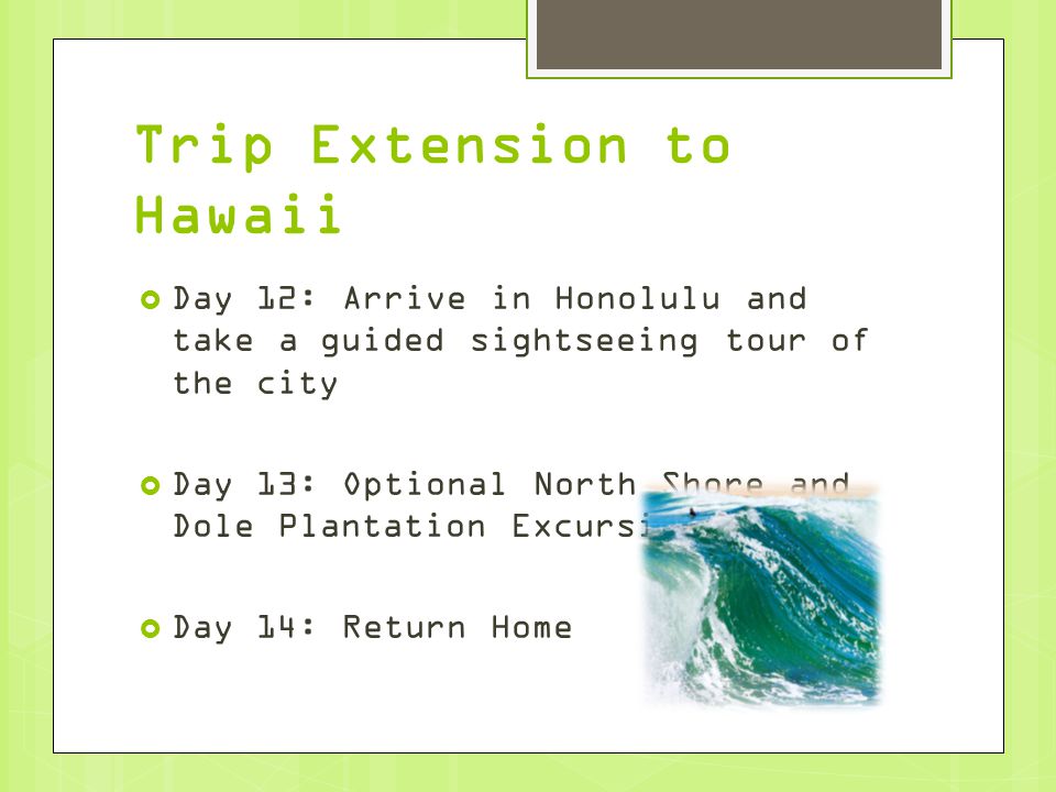 Trip Extension to Hawaii  Day 12: Arrive in Honolulu and take a guided sightseeing tour of the city  Day 13: Optional North Shore and Dole Plantation Excursion  Day 14: Return Home