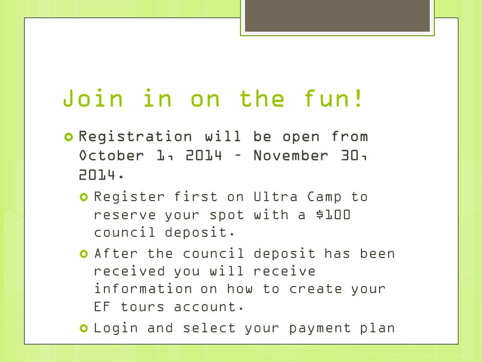 Join in on the fun.  Registration will be open from October 1, 2014 – November 30,