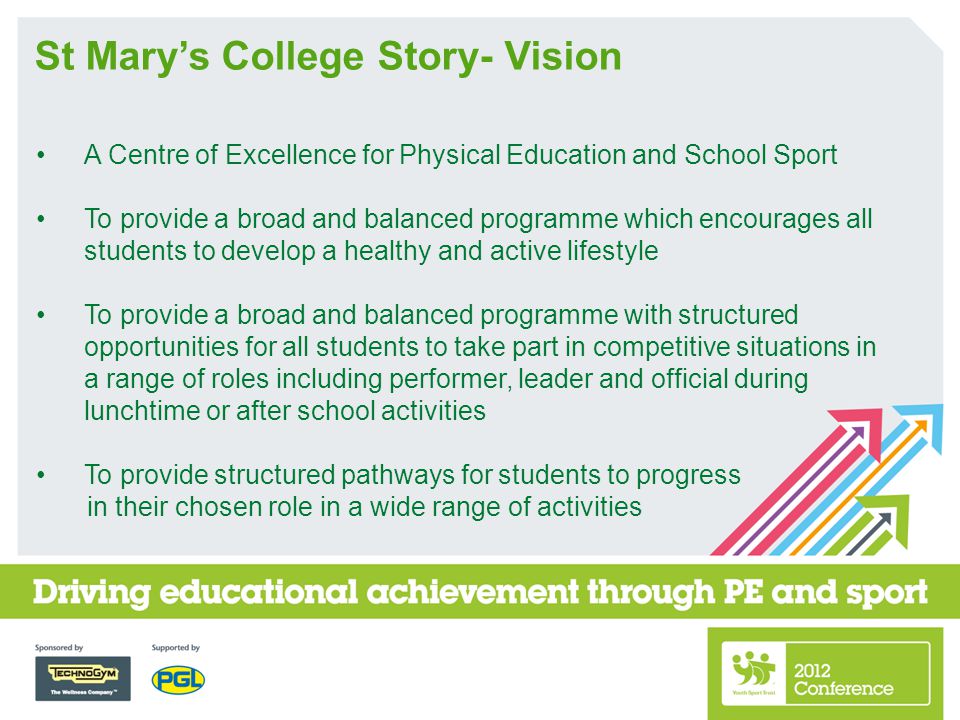 St Mary’s College Story- Vision A Centre of Excellence for Physical Education and School Sport To provide a broad and balanced programme which encourages all students to develop a healthy and active lifestyle To provide a broad and balanced programme with structured opportunities for all students to take part in competitive situations in a range of roles including performer, leader and official during lunchtime or after school activities To provide structured pathways for students to progress in their chosen role in a wide range of activities