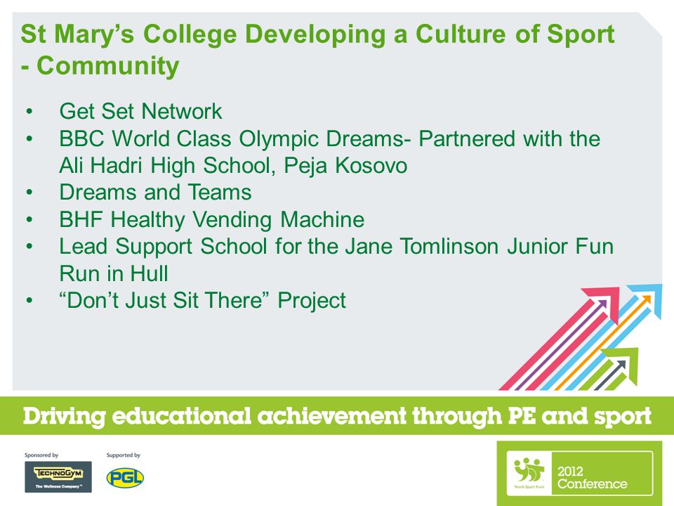 St Mary’s College Developing a Culture of Sport - Community Get Set Network BBC World Class Olympic Dreams- Partnered with the Ali Hadri High School, Peja Kosovo Dreams and Teams BHF Healthy Vending Machine Lead Support School for the Jane Tomlinson Junior Fun Run in Hull Don’t Just Sit There Project
