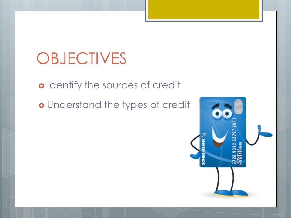 OBJECTIVES  Identify the sources of credit  Understand the types of credit